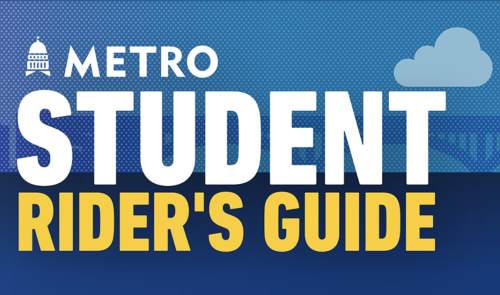 "Metro Student Rider's Guide" text on a wanter and sky background. Cap Metro Logo