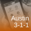 "Austin 311" text, background a person holding a phone with the 311 app on the screen, orange gradient overlay
