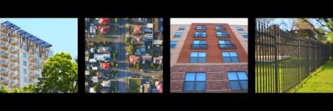 Four pictures in a row, two of apartment complexes, one of an areial view of a neighborhood and the fourth of a fence around an apartment complex