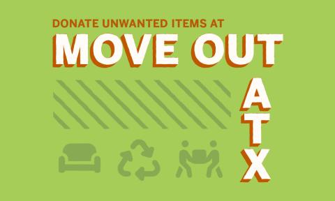 Donate Unwanted Items at MoveOutATX. Image of a couch, reuse sign, and two people moving a box