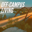 "Off-Campus Living" text over a background of the 360 bridge in Austin at sunset