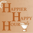 "Happier Happy Hour" with a orange "garnishing "Happier" and a mocktail after "hour"