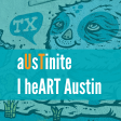 Austin mural entitled: Blue Creatures. Cartoon style blue, fuzzy creatures Text overlay says "austinite: I heART Austin"