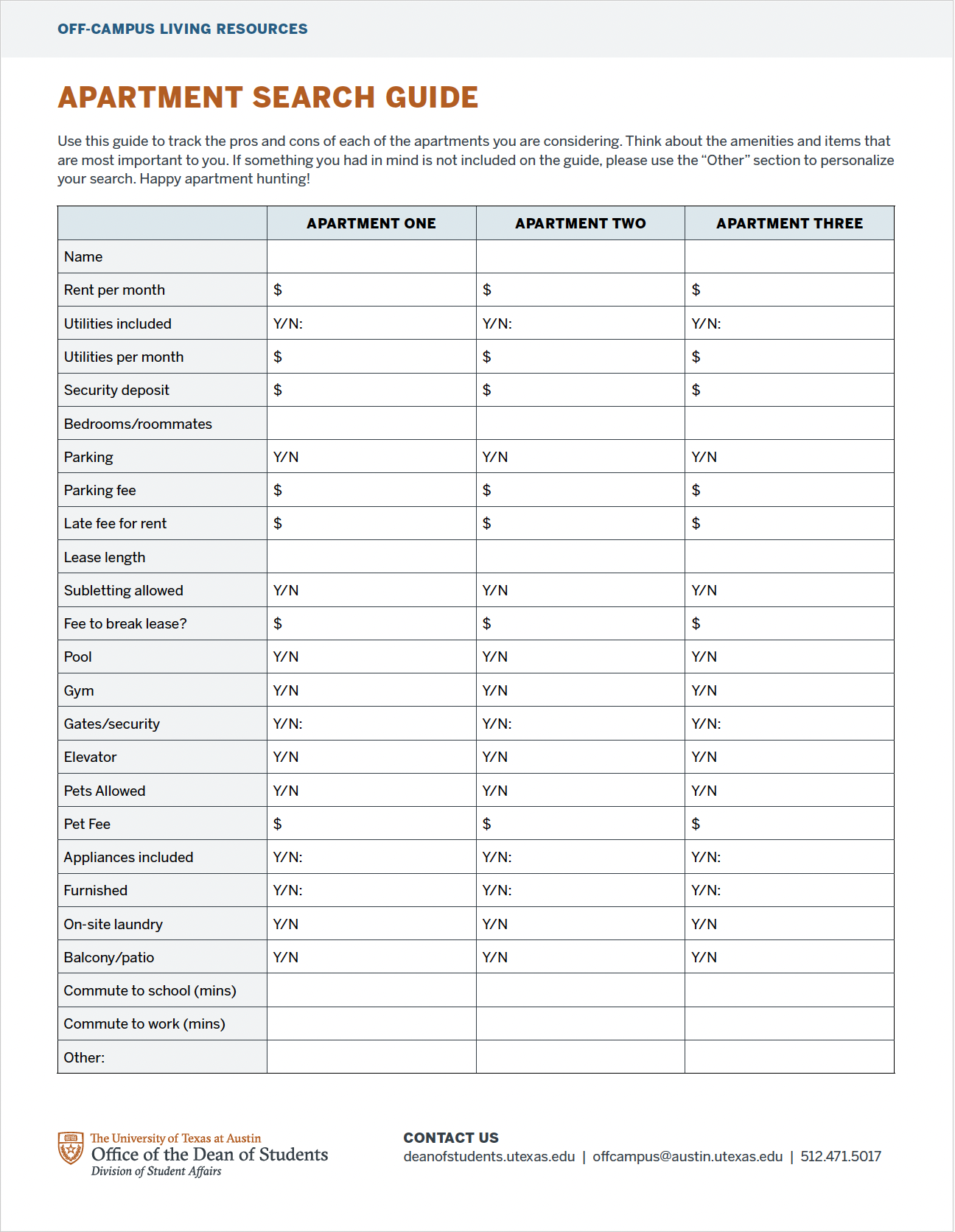 Apartment Search Guide document that allows you to compare three apartment complexes against each other base on attributes such as rent, amenities, and extra fees