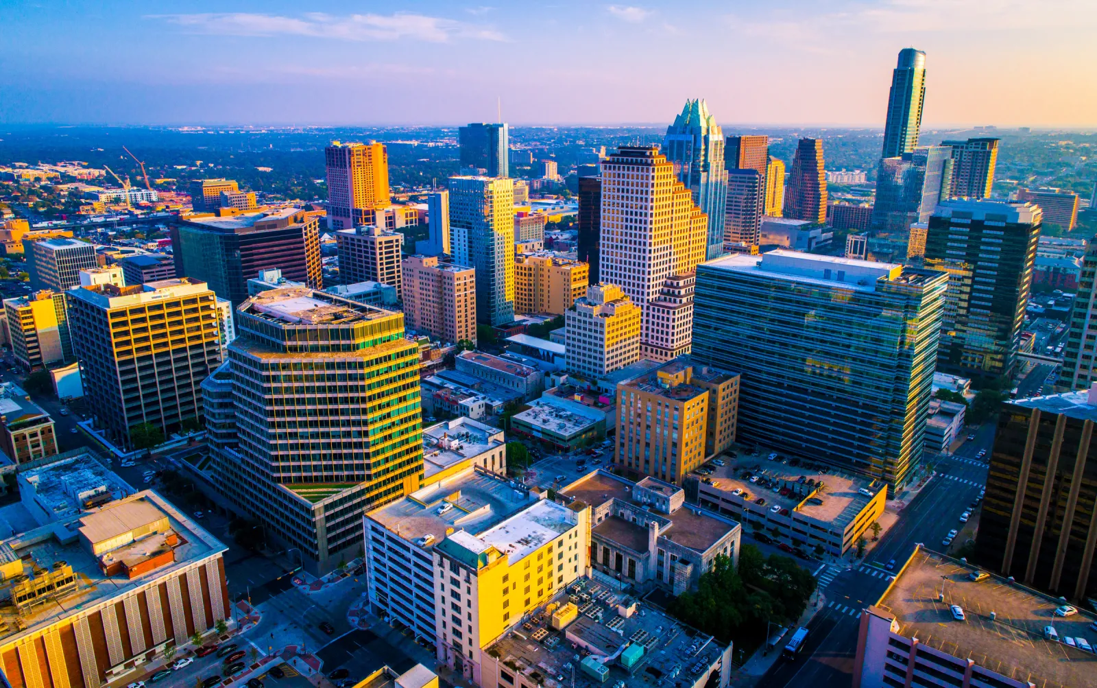 Aerial view of Austin at sunset