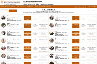Screen shot of the Off Campus Housing Marketplace, roommate section with a list of roommate profiles.