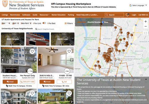 Home screen of Off-Campus Housing Marketplace website with apartment listings net UT Austin. 
