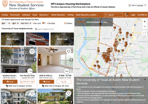 Home screen of Off-Campus Housing Marketplace website with apartment listings net UT Austin.
