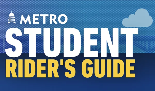 "Metro Student Rider's Guide" text on a wanter and sky background. Cap Metro Logo