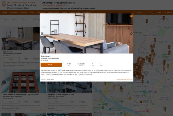 Screen grab of the subleasing section on the Off Campus Housing Marketplace. Sample property feature is in a pop up with a picture of an apartment living room.