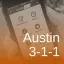 "Austin 311" text, background a person holding a phone with the 311 app on the screen, orange gradient overlay