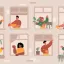 Illustration of eight neighbors interacting between the windows of their apartment.