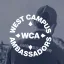 West Campus Ambassador logo in front of a picture of a man's back with the word "Ambassador" on the back of his polo