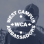 West Campus Ambassador logo in front of a picture of a man's back with the word "Ambassador" on the back of his polo