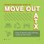 Donate unwanted items at MoveOutATX. Image of a couch, reuse symbol and two people moving a box.
