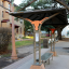 Bus stop on campus with a longhorn emblem on the bench