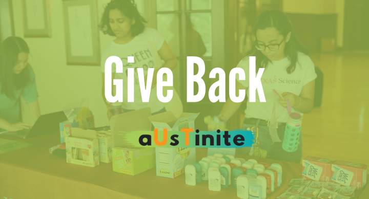 Give Back graphic, photo of students making care bags