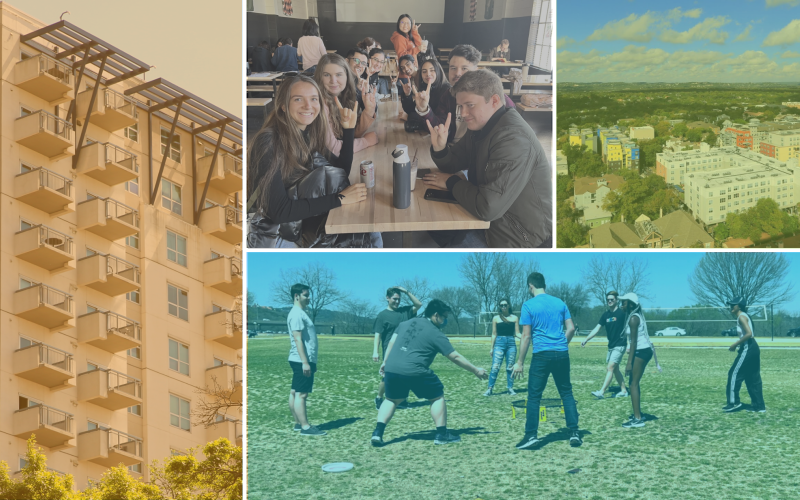 Four picture grid: Apartment complex, a group of students seated at a restaurant, an arial view of West Campus, and a group of students playing spikball at Zilker park