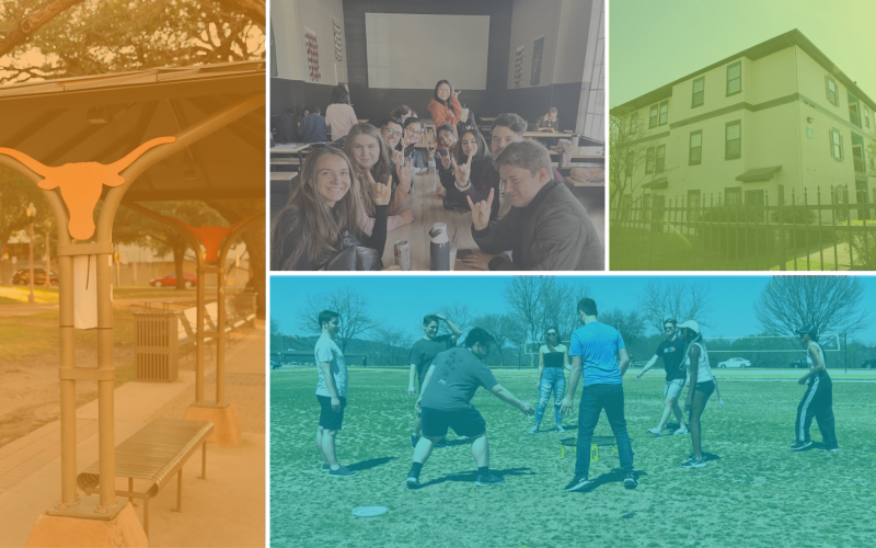 Grid of four pictures, UT Shuttle bus stop, apartment complex, group of students at a restaurant, group of students playin spike ball