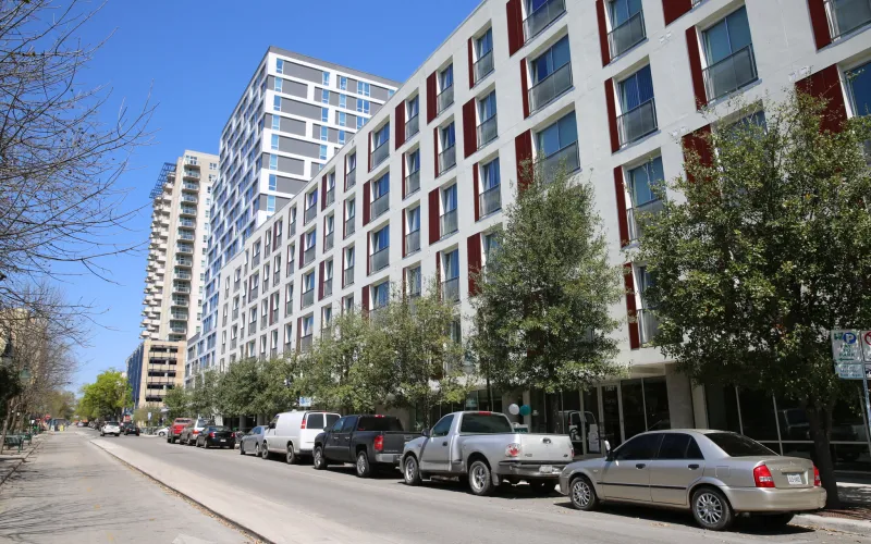 Apartment complex next to a street