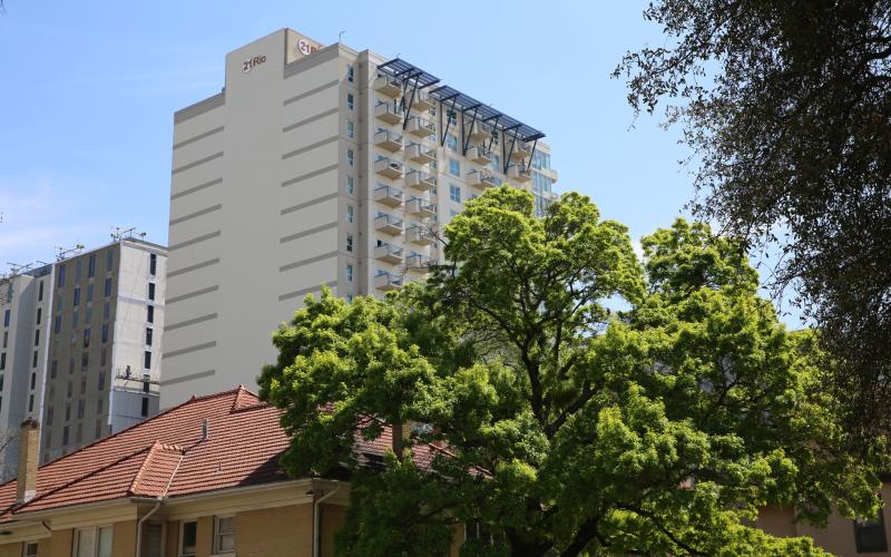 Apartment building, trees