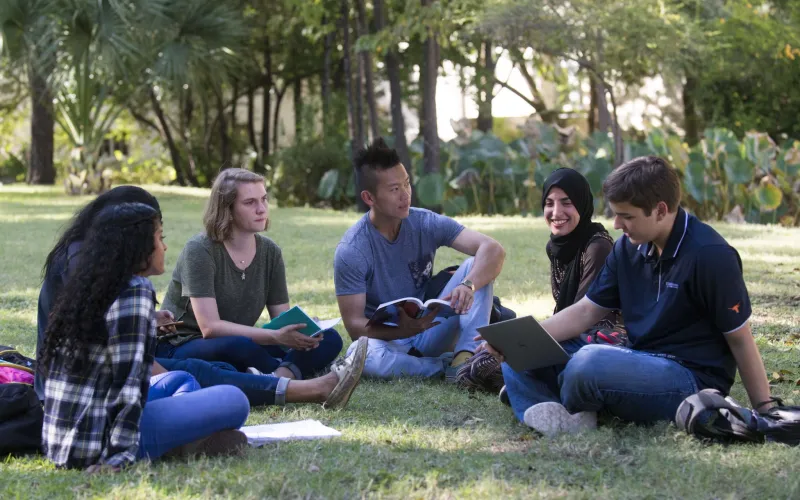 Students sitting in the grass reading books