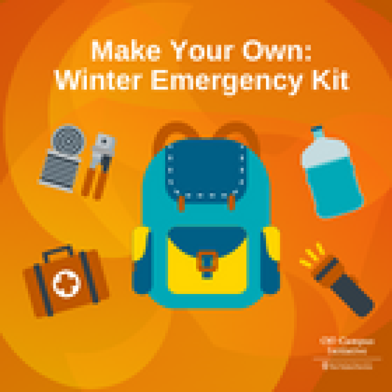 "Make Your Own: Winter Emergency Kit" text. clip art of a backpack, first aid kit, canned food, water and a flashlight