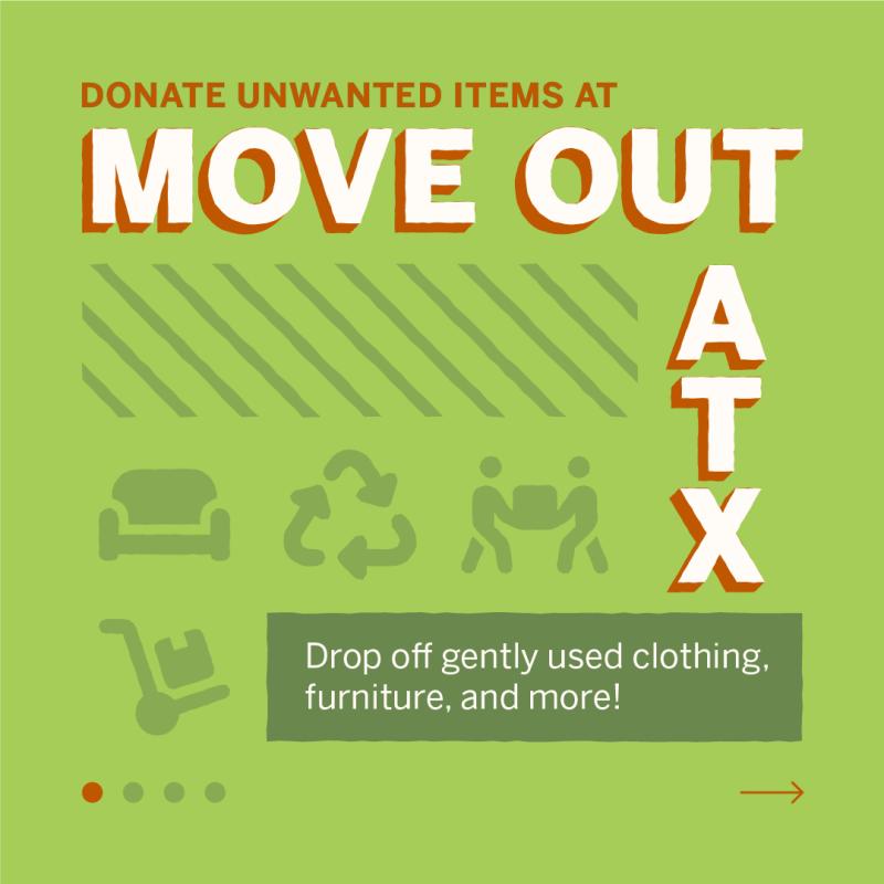 Donate unwanted items at MoveOutATX. Image of a couch, reuse symbol and two people moving a box.