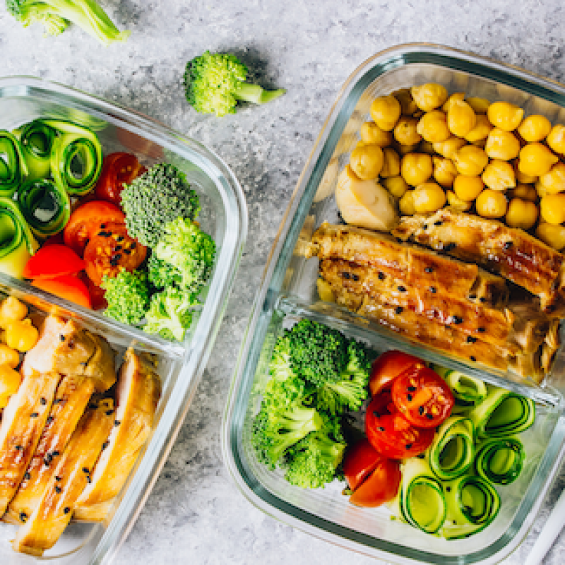 Meal prep containers with fresh food