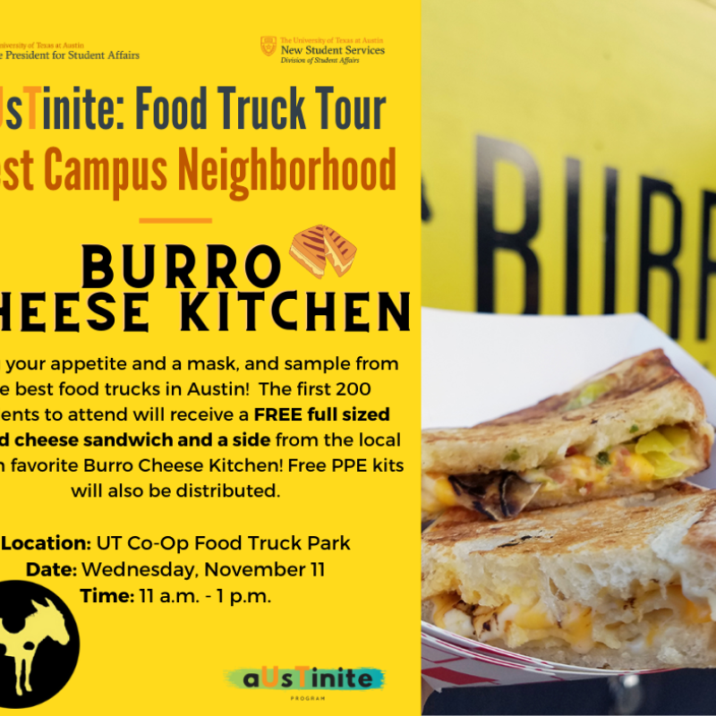 Food Truck Tour event advertisement for the aUsTinite program in West Campus